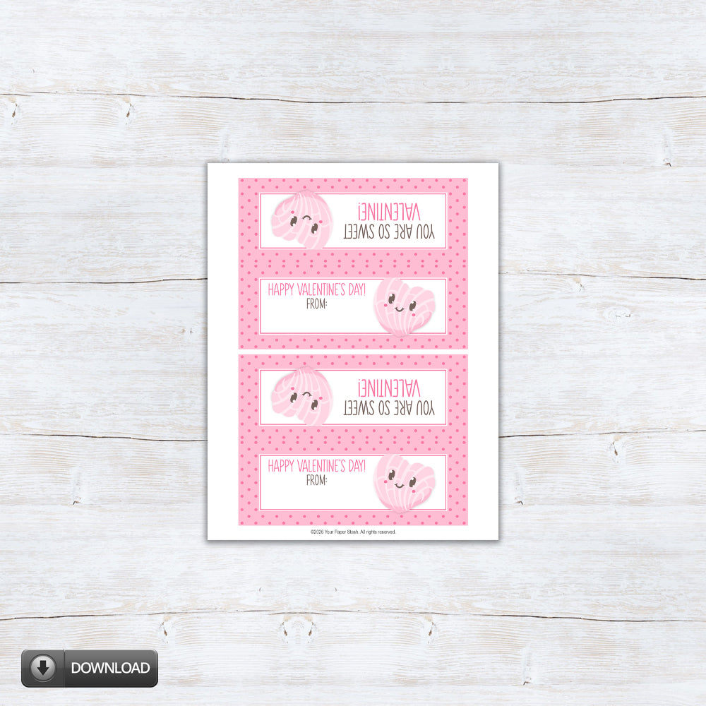 Printable Valentine treat bag topper with a smiling pink concha illustration and polka dot border.