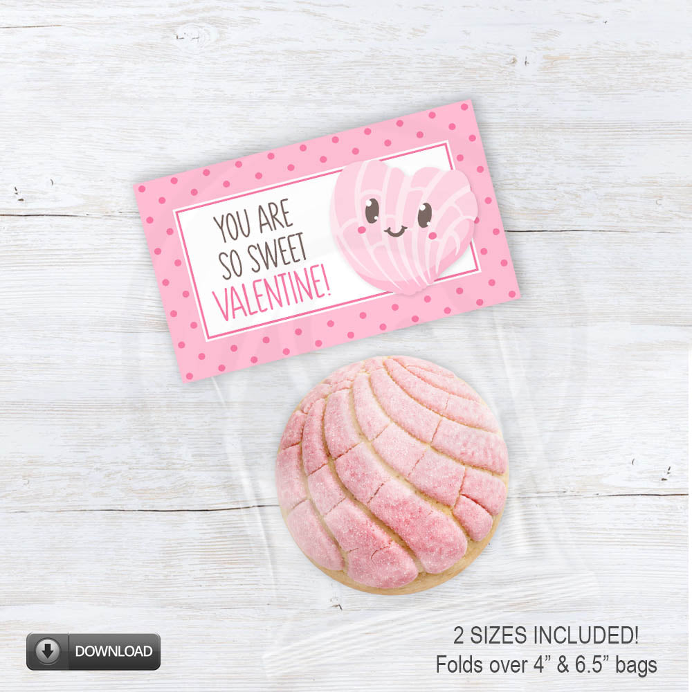 Printable Valentine treat bag topper with a smiling pink concha illustration and polka dot border.