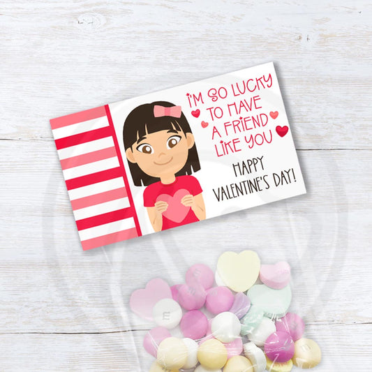 Printable Valentine treat bag topper featuring a cartoon girl holding a heart with red and pink accents and striped border.