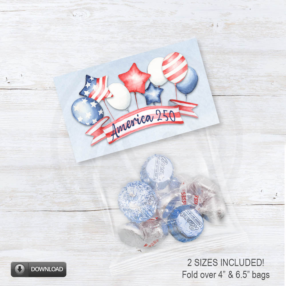 red white blue candy bag toppers printable with patriotic balloons and banner for independence day party favors