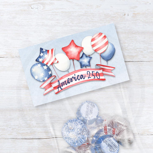 America 250 printable treat bag toppers with red white and blue balloons and patriotic banner design for 4th of July party favors
