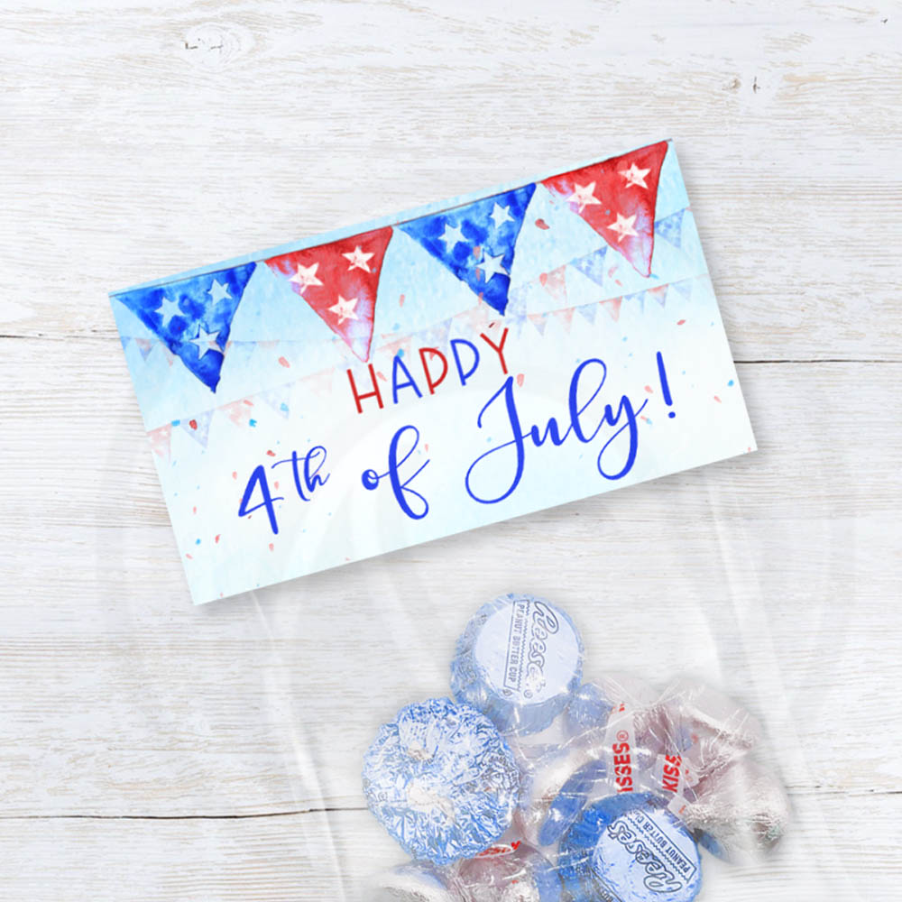 4th of july printable treat bag toppers with watercolor patriotic banner and happy fourth of july text