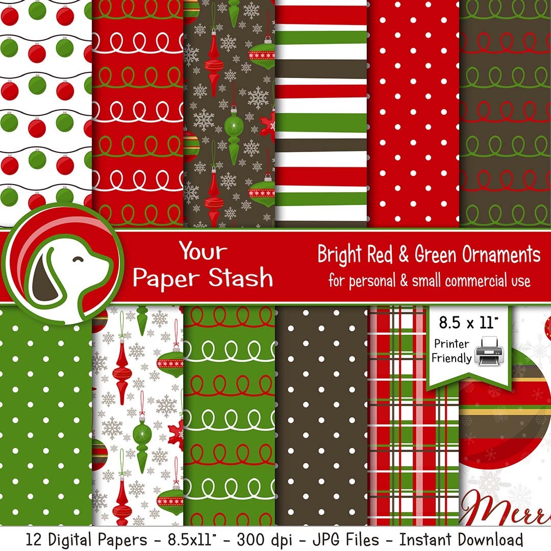 8.5x11" Traditional Red & Green Christmas Ornament Digital Paper Pack