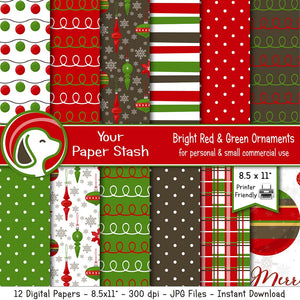8.5x11" Traditional Red & Green Christmas Ornament Digital Paper Pack