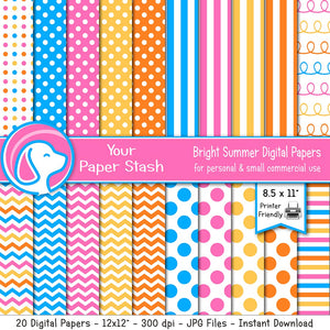 Bright Summer Digital Scrapbook Papers and Backgrounds for Birthday Parties and Pool Parties, Rainbow Stripe Polka Dot & Chevron Papers