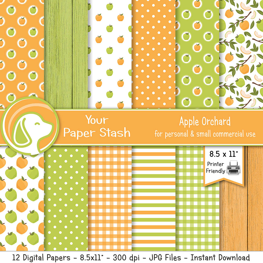 printable green apple digital scrapbook papers, apple recipe card ideas, paper craft supplies