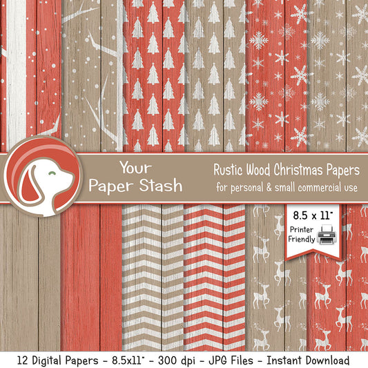 8.5x11" Rustic Christmas Wood Digital Papers & Backgrounds