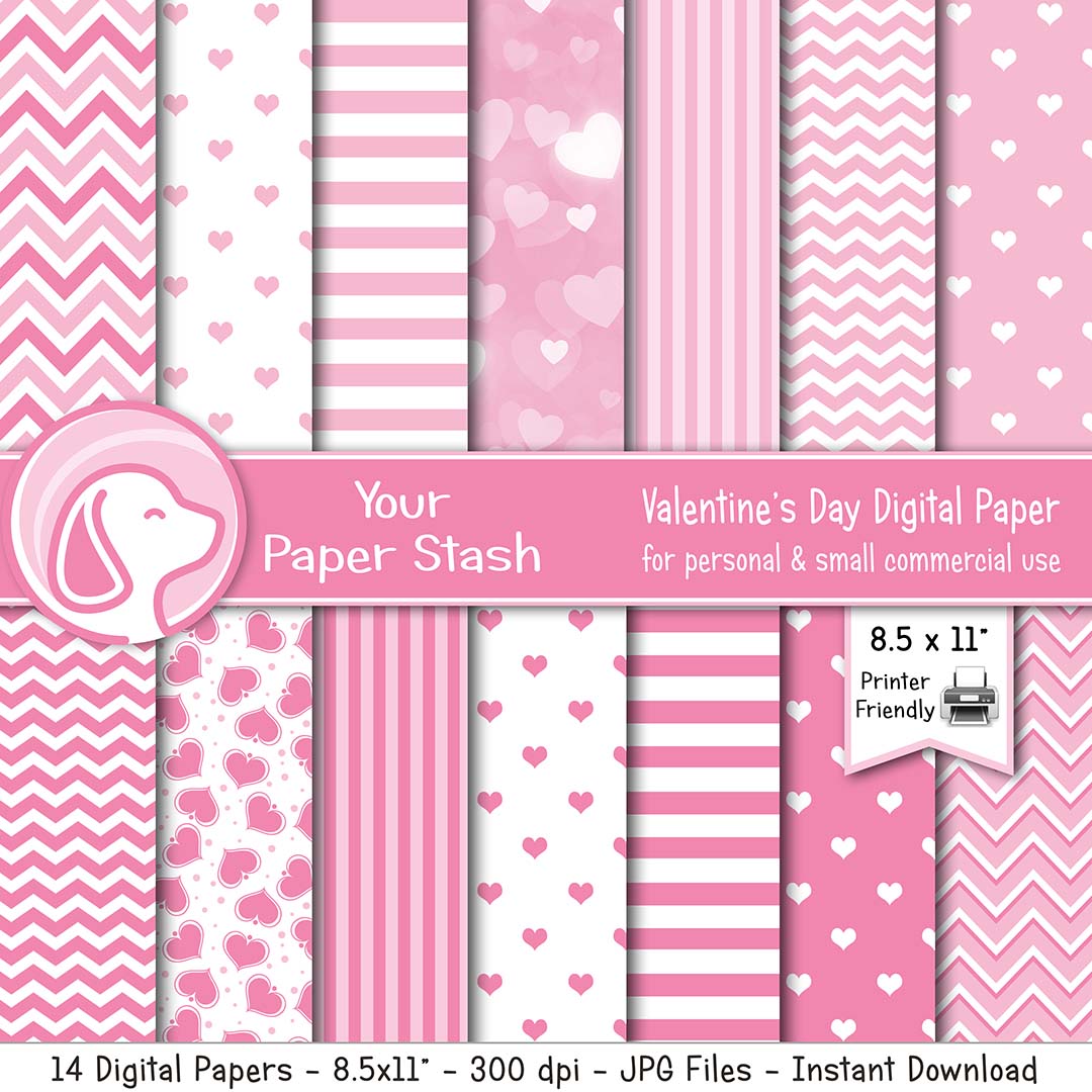 8.5x11 printable valentien's day stationery paper digital paper pack scrapbooking kids crafts card making hearts chevrons floating stripes