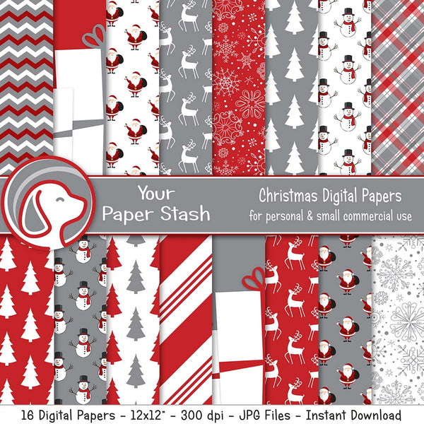 red gray christmas digital scrapbook paper reindeer snowman santa snowflakes plaid christmas tree digital backgrounds craft supplies card making decoupage paper 