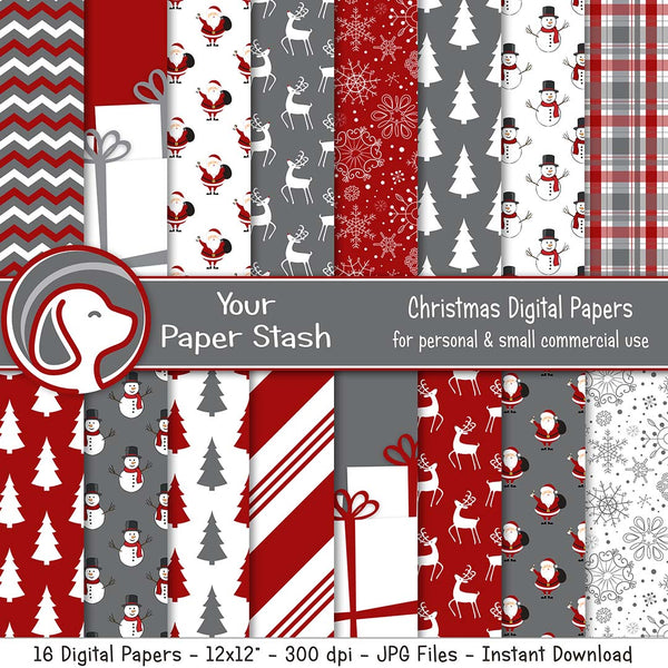 red gray christmas digital scrapbook scrapbooking paper backgrounds pack reindeer santa snowmen snowflakes chirstmas tree gifts present craft supplies small commercial use