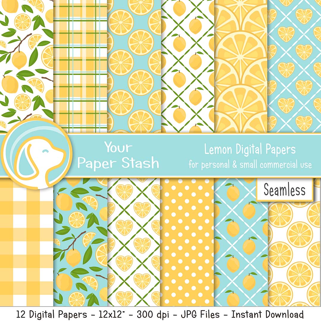 lemon digital scrapbook paper, lemon backgrounds, summer digital paper pack