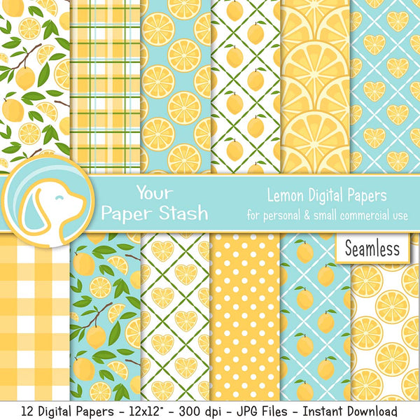lemon digital scrapbook paper, lemon backgrounds, summer digital paper pack