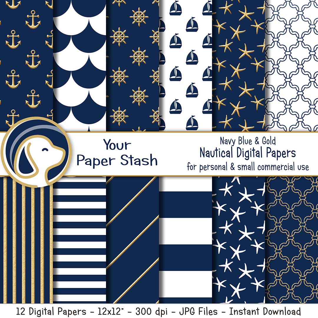 Nautical navy blue and gold digital paper with anchors sailboats starfish ship wheels and coastal patterns