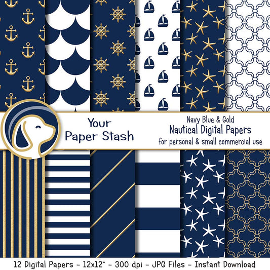 Nautical navy blue and gold digital paper with anchors sailboats starfish ship wheels and coastal patterns