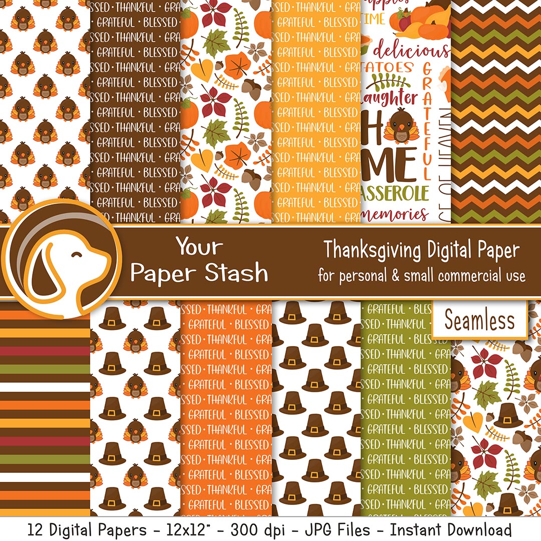 Thanksgiving digital scrapbook paper backgrounds with turkey pilgrim hat patterns