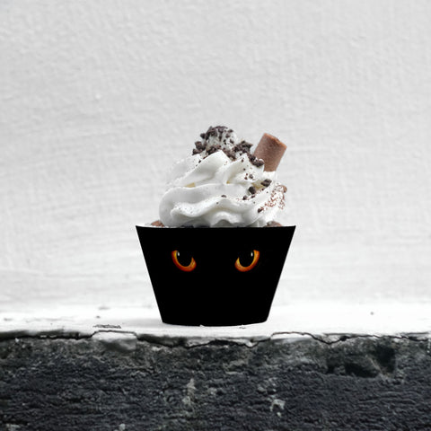 printable halloween black cat eyes cupcake wrappers