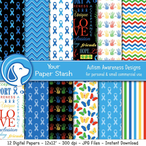 Autism Awareness Blue Ribbon Digital Scrapbook Papers and Backgrounds
