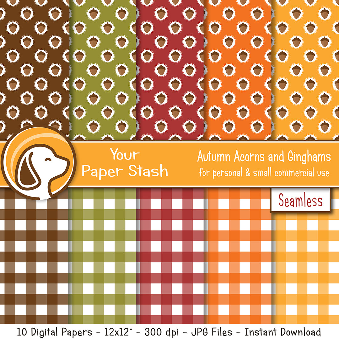  autumn thanksgiving pumpkin spice acorn and gingham digital scrapbook paper backgrounds