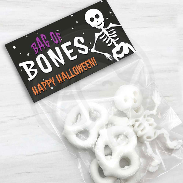kids halloween skeleton bag of bones treat candy goody  bag toppers kids printable party decorations trick or treat trunk