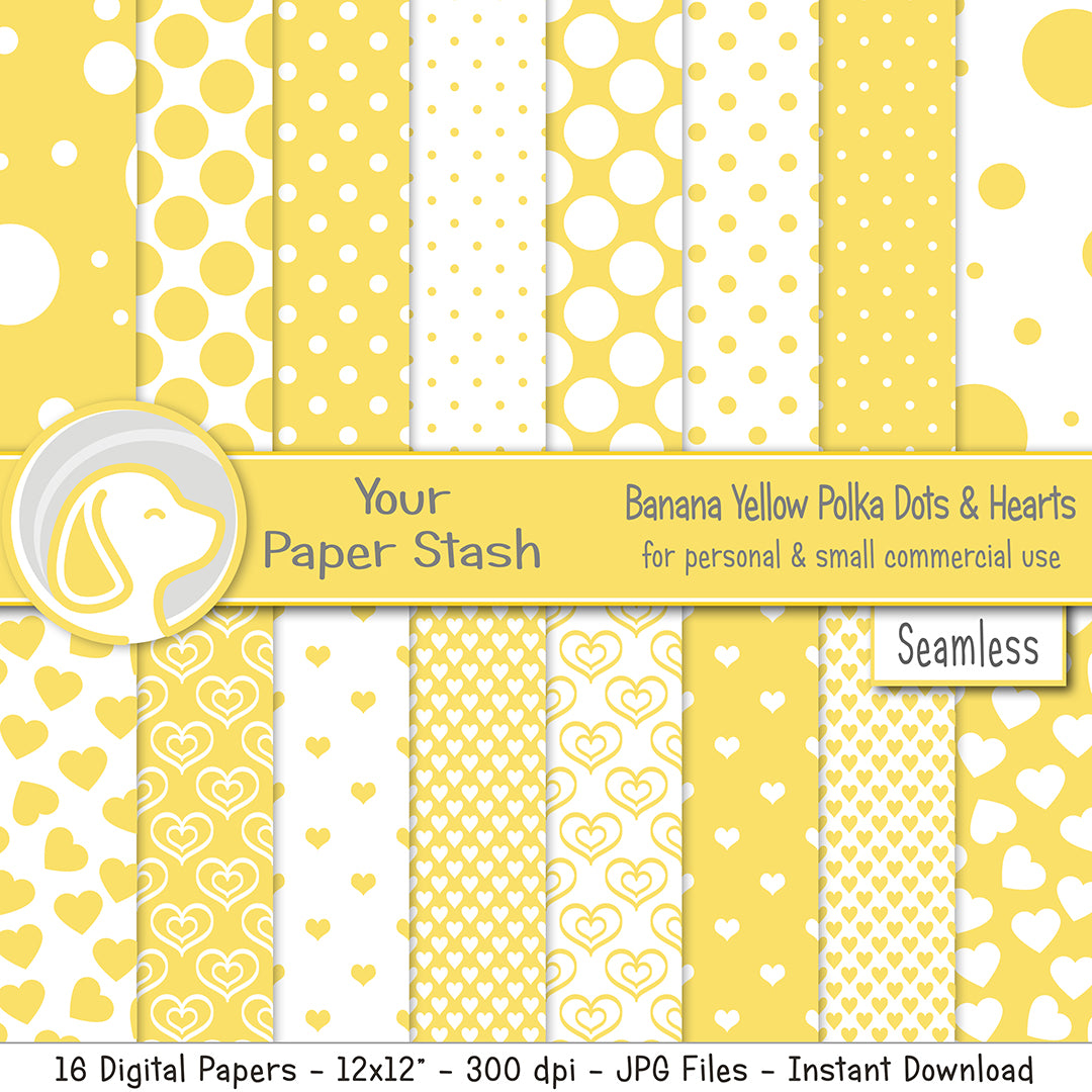 banana yellow seamless digital scrapbook paper patterns, polka dot heart scrapbooking pages