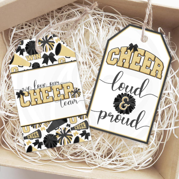 printable black and gold cheerleader gift tags, cheerleading cookie tags