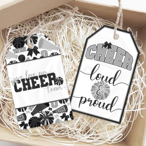 printable cheerleading gift tags, black silver cheer team gift tags, cheerleader cookie tags