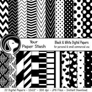 black white digital scrapbook paper backgrounds with stripes chevrons polka dot heart damask patterns