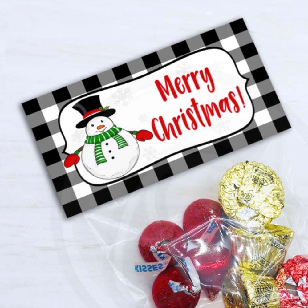 farmhouse merry christmas buffalo check with snowman cookie candy and treat bag toppers