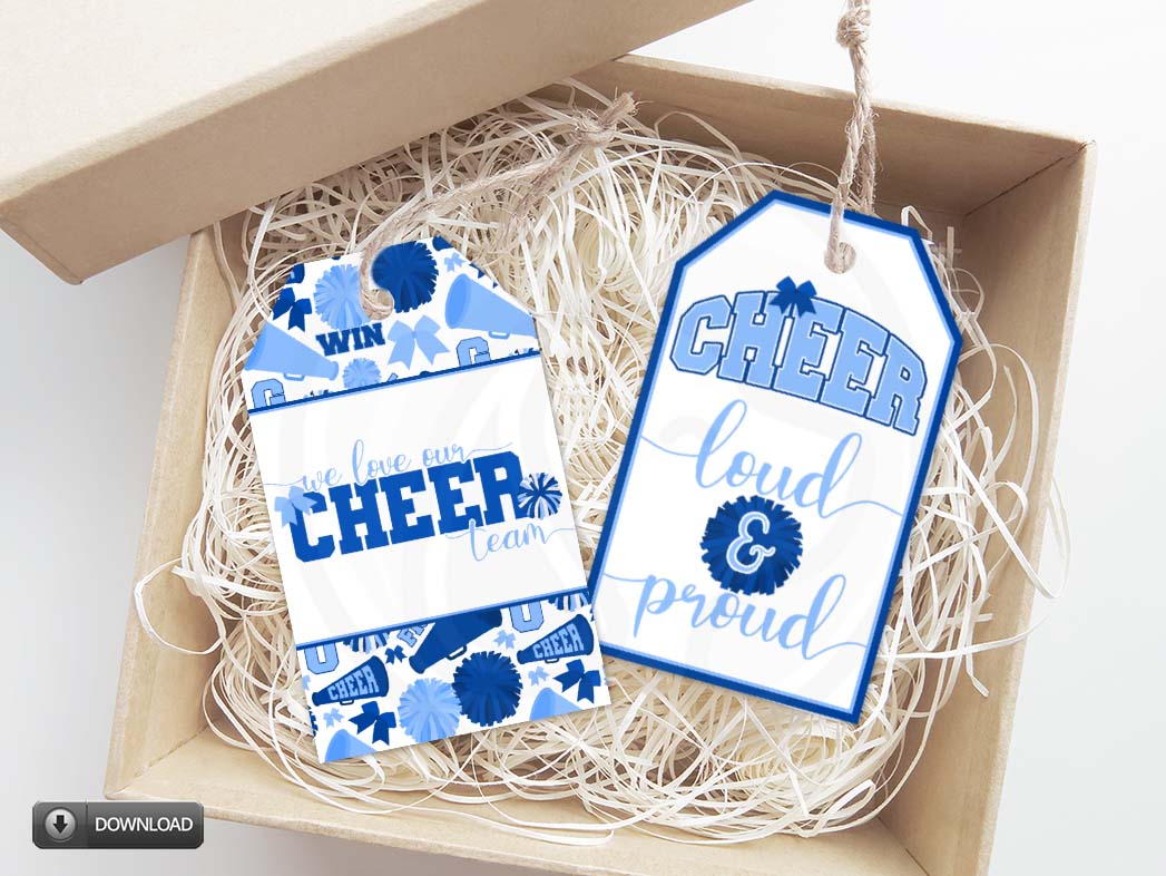 cheerleading printable gift tags, cheer loud and proud cookie bag topper