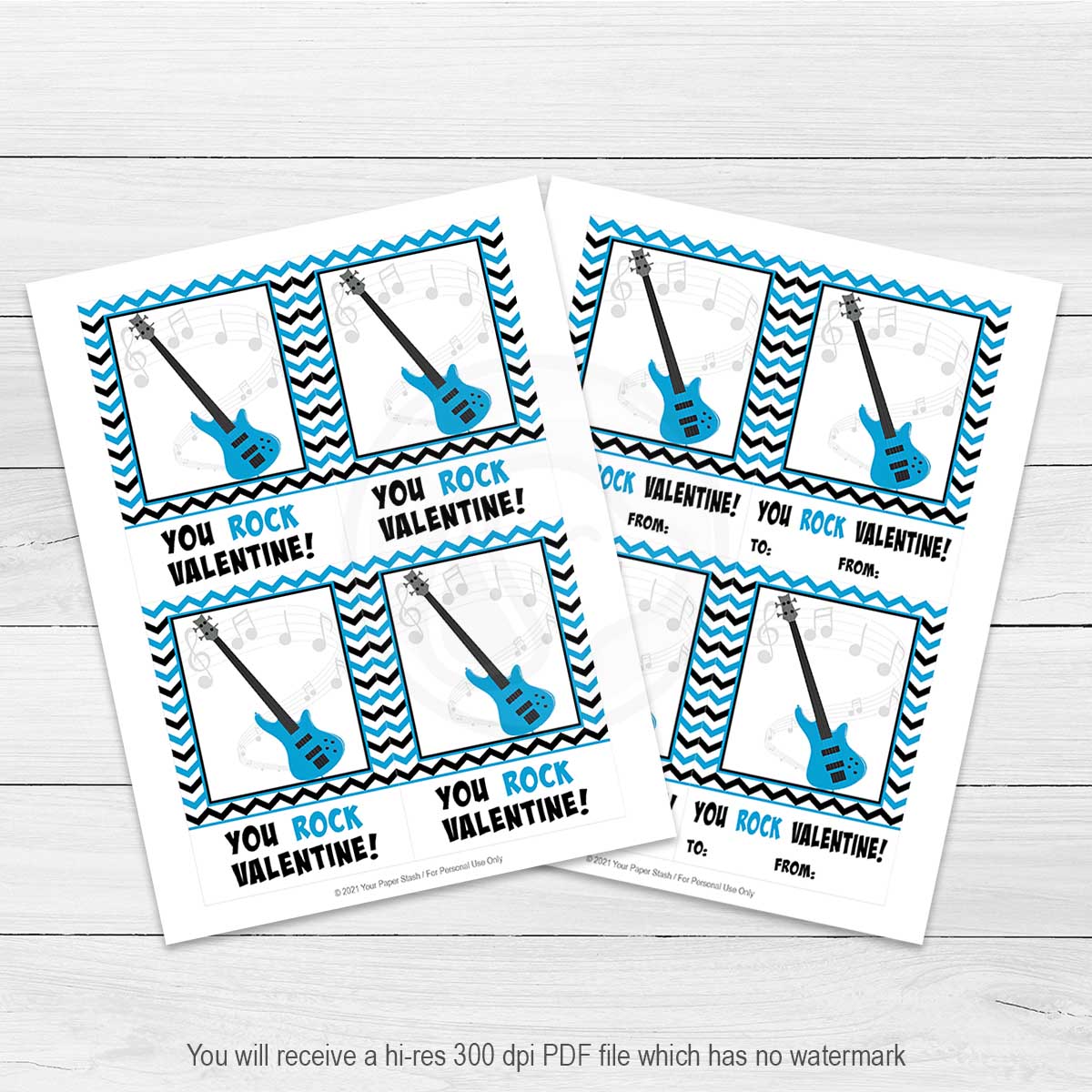 blue electric guitar valentine you rock printable card cookie cards tags treat party goody bag toppers classroom party ideas teachers your paper stash download 