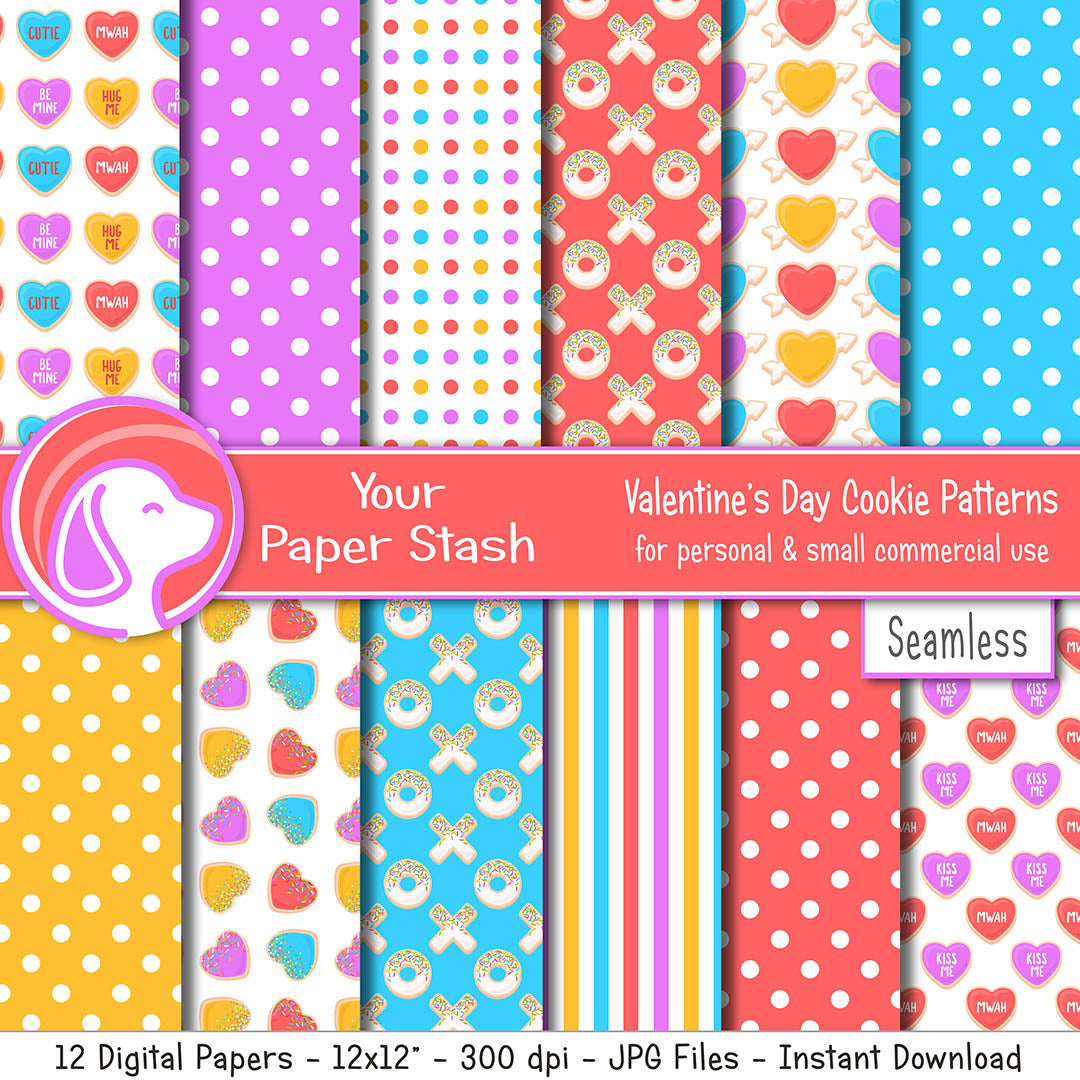 rainbow bright valentines day cookie digital scrapbook paper conversation hearts blue pink red purple yellow polka dot stripes digital scrapbooking papers instant download commercial use hugs kisses cookies