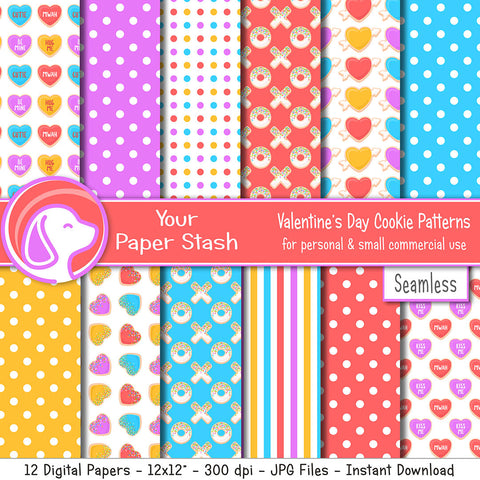 rainbow bright valentines day cookie digital scrapbook paper conversation hearts blue pink red purple yellow polka dot stripes digital scrapbooking papers instant download commercial use hugs kisses cookies