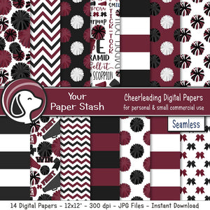 seamless cheerleading digital scrapbook papers in maroon and black