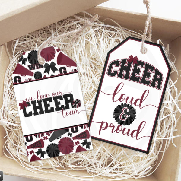 printable cheerleading gift tags in maroon and black
