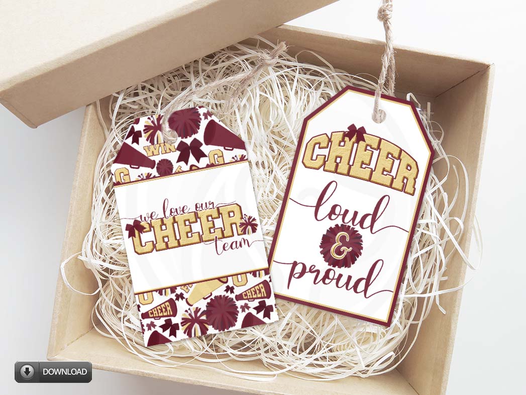 maroon and gold cheer mom coach team gift tag