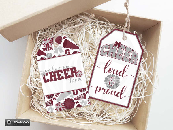 printable maroon silver gray cheer team gift tags, cheer loud and proud printable