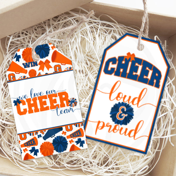 printable orange and navy blue cheerleader gift tags, cheer team mom coach squad cookie tags