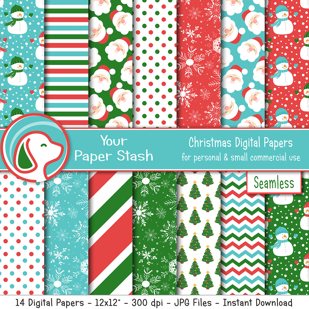 retro christmas digital scrapbook paper backgrounds with santa snowmen christmas trees and snowflakes