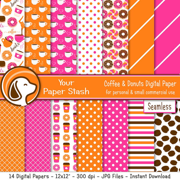 pink and orange digital scrapbook papers,coffee donut digital paper pack