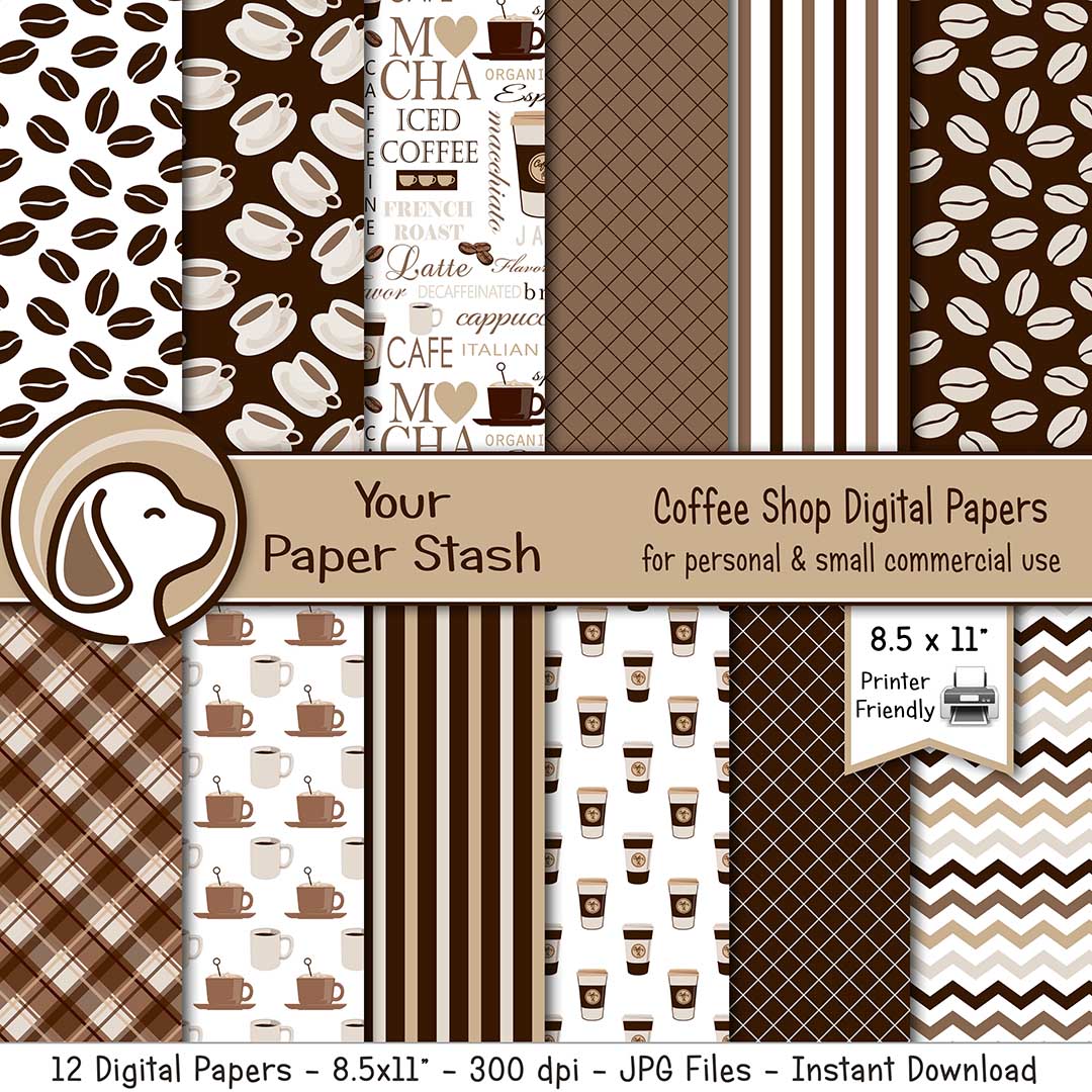 coffee lovers digital scrapbook paper coffee beans cups chevrons tartan stripes