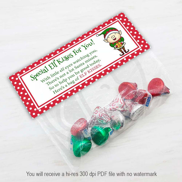 elf kisses christmas holiday treat candy bag topper stocking stuffers