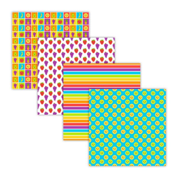 apple banana grape pineapple lemon lime digital scrapbooking papers, rainbow stripe patterns