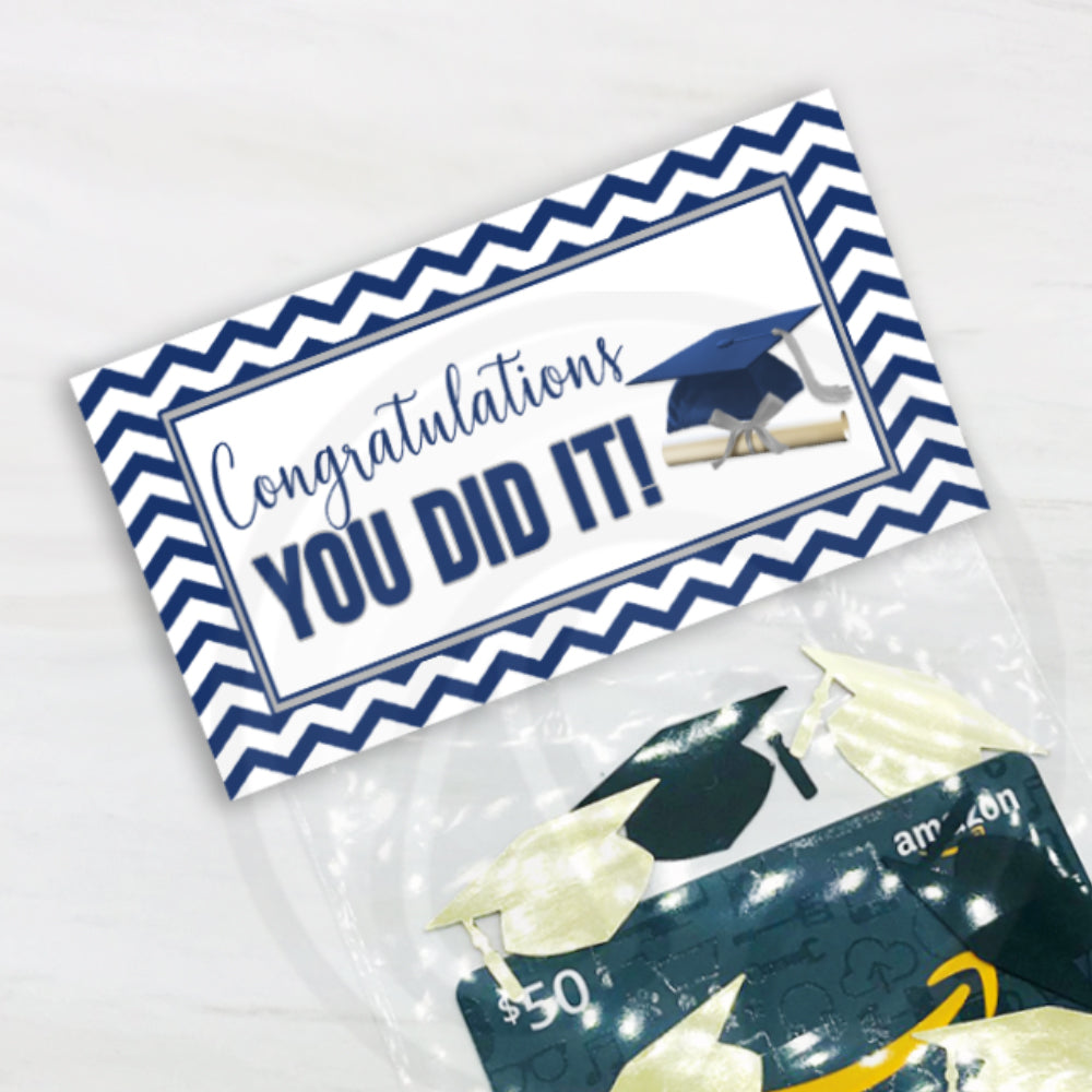 blue gray graduation open house party favor bag toppers, graduation gift card bag topper