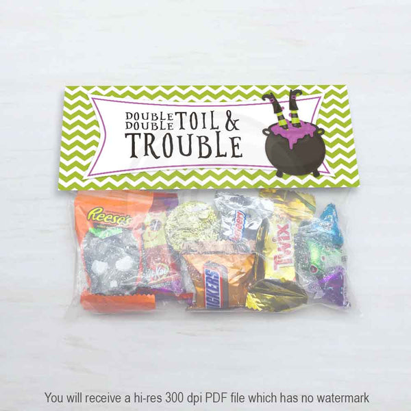 halloween witch double toil trouble treat candy bag topper for classroom party printable kids project