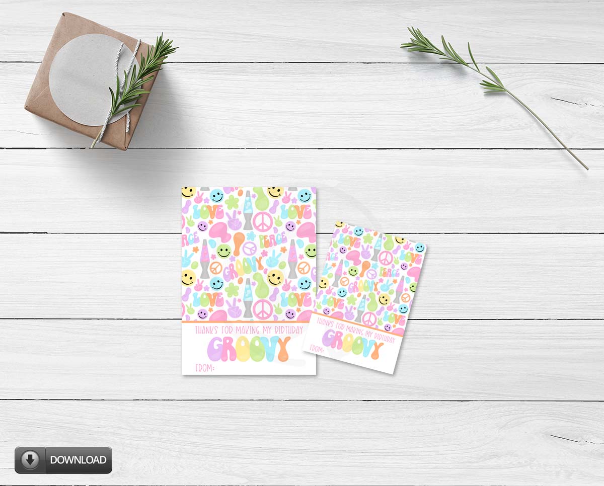 groovy printable party favors, hippie party note cards