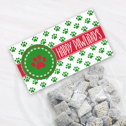printable happy pawlidays puppy chow treat bag toppers, Christmas party favor bags, Christmas stocking stuffers for kids