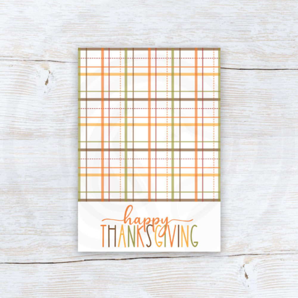 printable happy thanksgiving cookie or note card with plaid pattern pumpkin spice colors