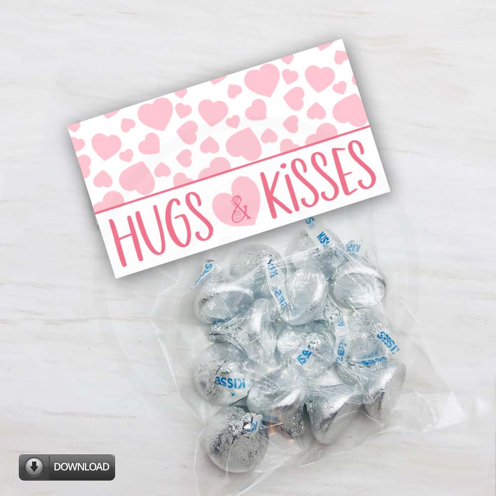 Pink Heart Hugs Kisses Valentines Day Bag Topper