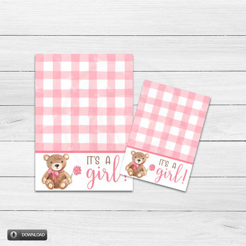 prinbable baby shower note cards, pink gender reveal party mini cookie cards