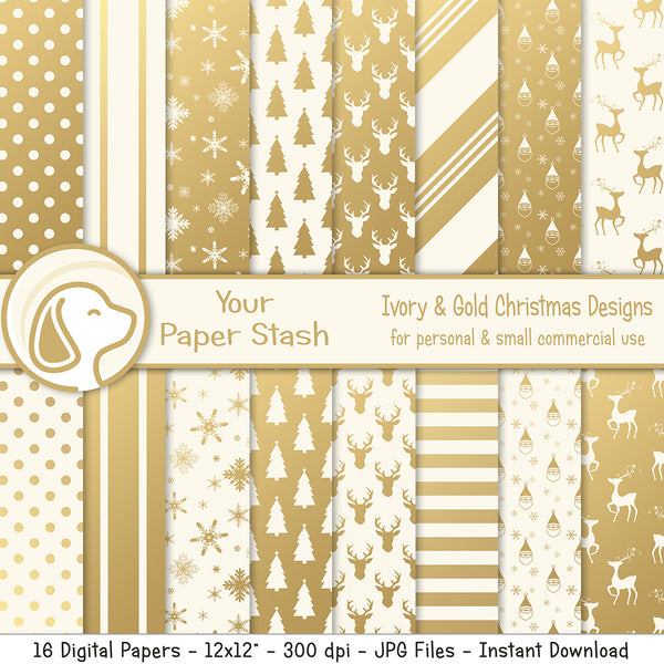 Ivory and Gold Christmas & Holiday Digital Scrapbook Papers